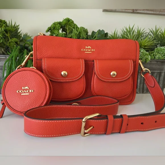 Coach Pennie Crossbody Bag With Coin Purse Mango Red Pebbled Leather-NWOT - Picture 2 of 14